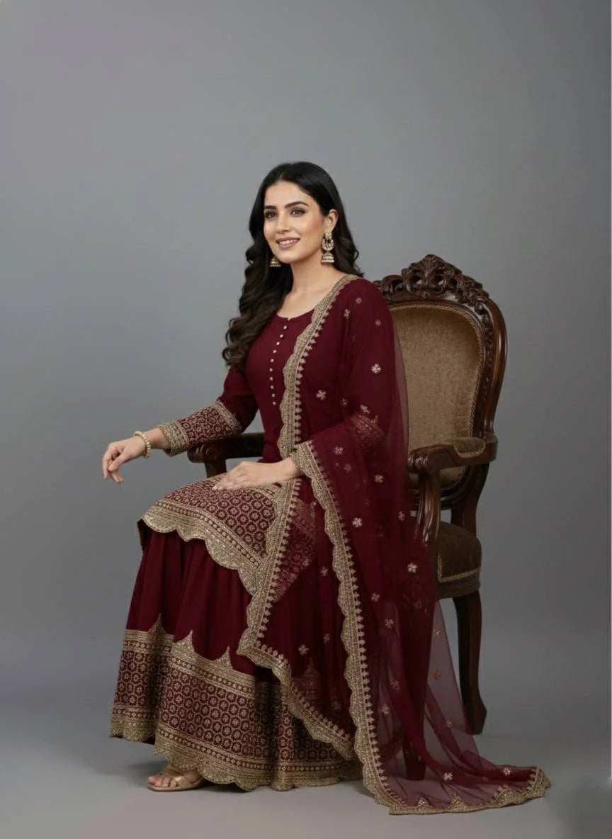 Maroon Eid wear Faux Georgette Top Sharara Set with Net Dupatta