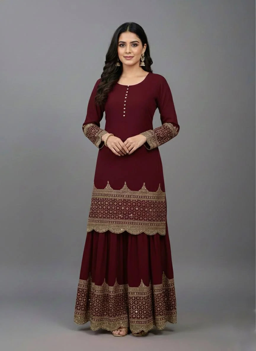 Maroon Eid wear Faux Georgette Top Sharara Set with Net Dupatta
