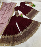 Maroon Eid wear Faux Georgette Top Sharara Set with Net Dupatta