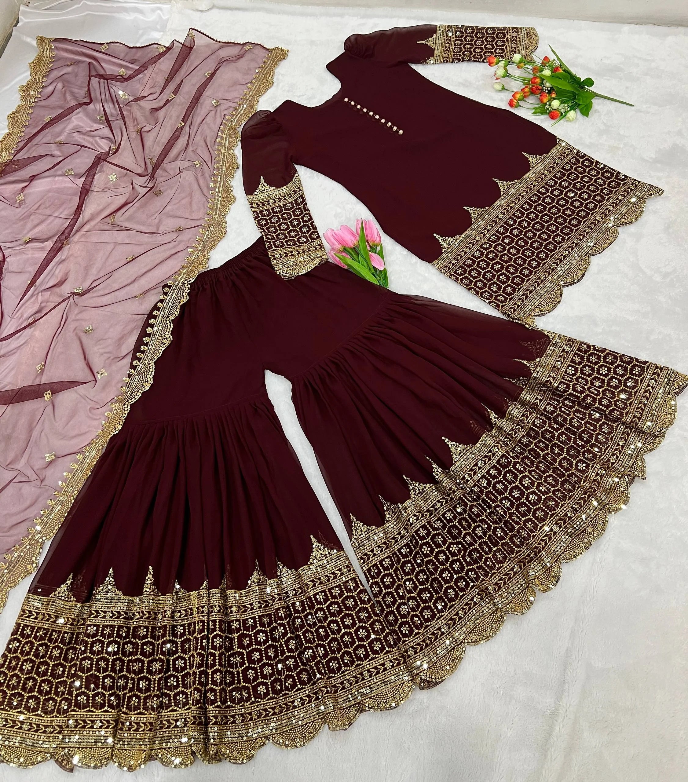 Maroon Eid wear Faux Georgette Top Sharara Set with Net Dupatta