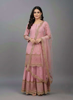 Graceful Pink Faux Georgette Top Sharara with Net Lace Dupatta
