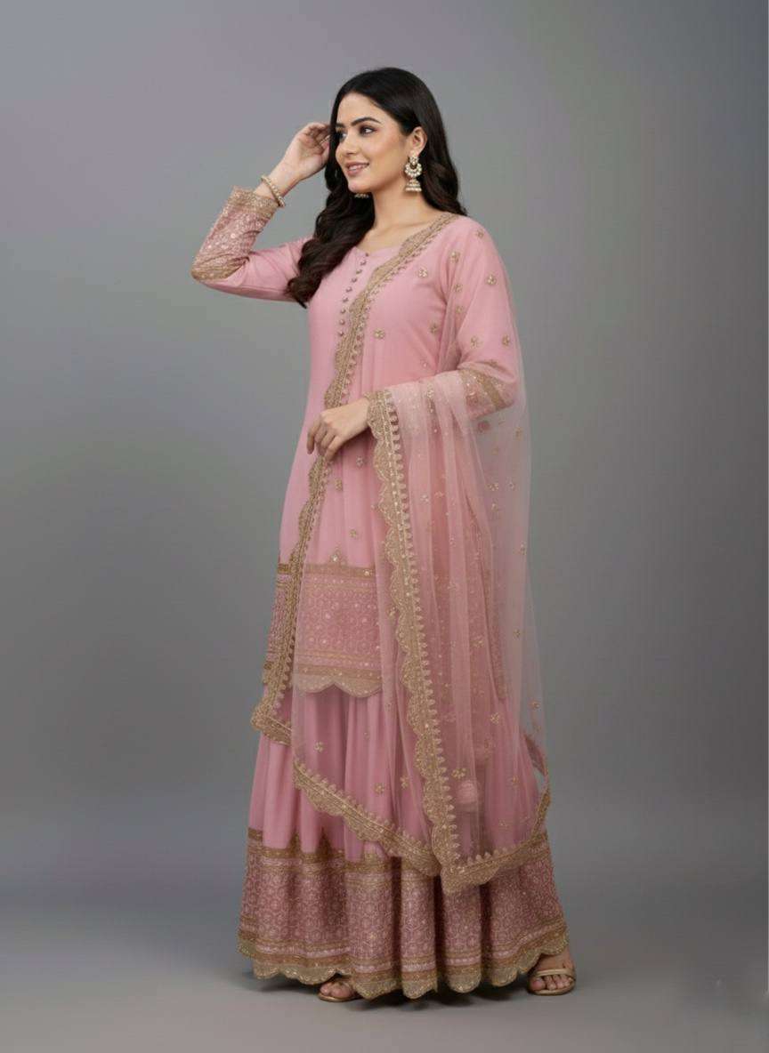 Graceful Pink Faux Georgette Top Sharara with Net Lace Dupatta