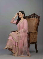 Graceful Pink Faux Georgette Top Sharara with Net Lace Dupatta