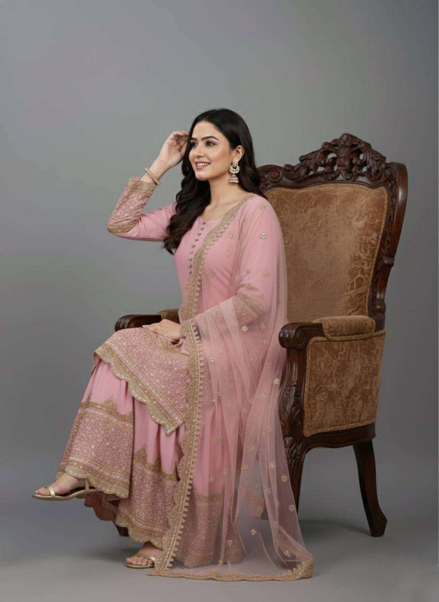 Graceful Pink Faux Georgette Top Sharara with Net Lace Dupatta