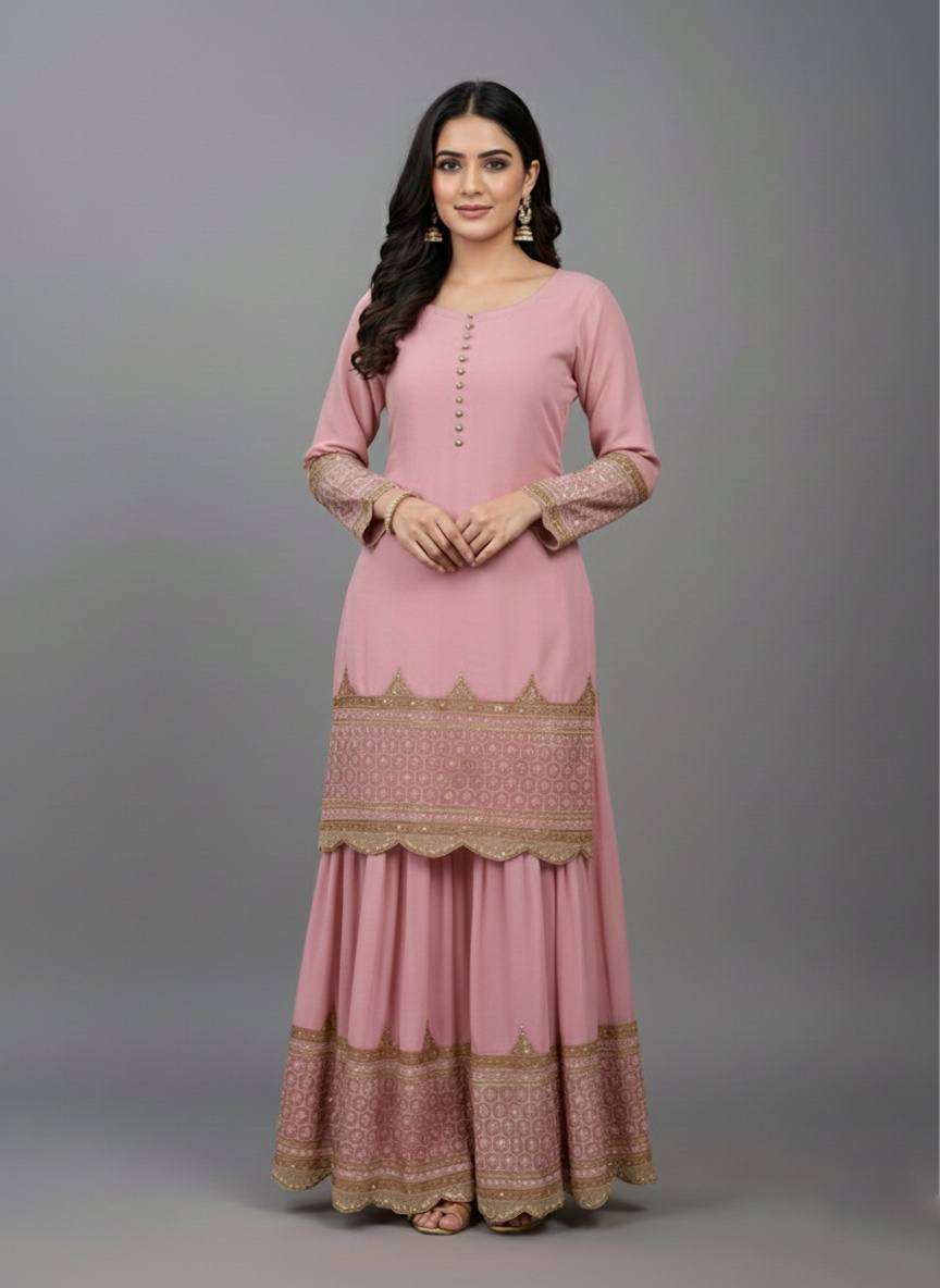 Graceful Pink Faux Georgette Top Sharara with Net Lace Dupatta