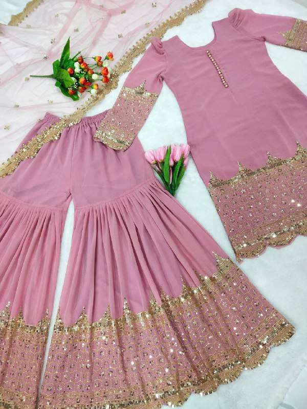 Graceful Pink Faux Georgette Top Sharara with Net Lace Dupatta