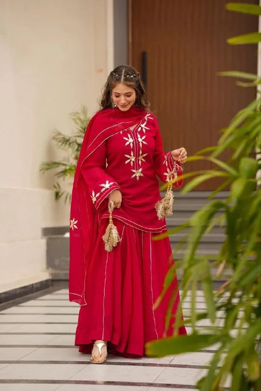 Red Chiffon Short Kurti Palazzo Dupatta Set With Beautiful Gota Patti Work