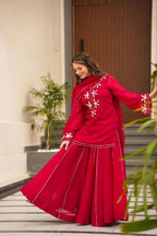 Red Chiffon Short Kurti Palazzo Dupatta Set With Beautiful Gota Patti Work