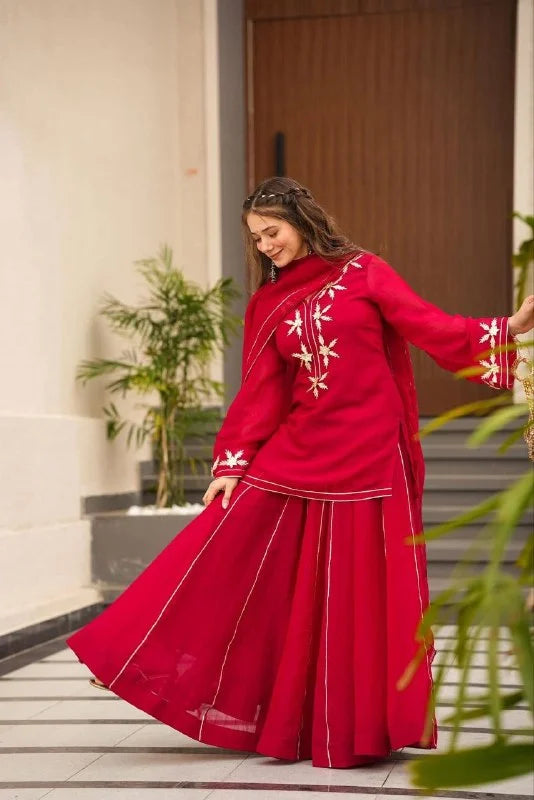Red Chiffon Short Kurti Palazzo Dupatta Set With Beautiful Gota Patti Work