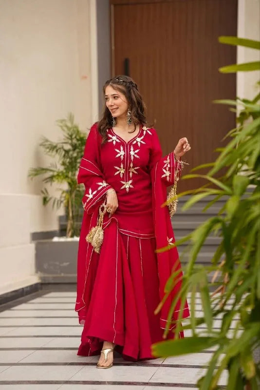 Red Chiffon Short Kurti Palazzo Dupatta Set With Beautiful Gota Patti Work