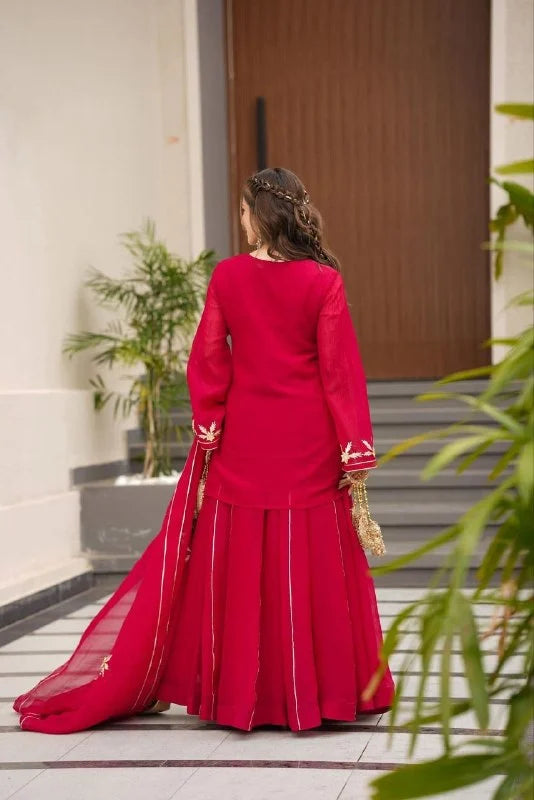 Red Chiffon Short Kurti Palazzo Dupatta Set With Beautiful Gota Patti Work