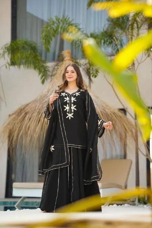Designer Black Chiffon Short Kurta Palazzo Dupatta with Gota Patti Handwork