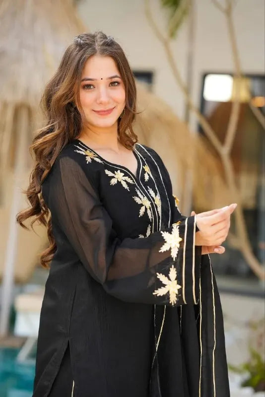 Designer Black Chiffon Short Kurta Palazzo Dupatta with Gota Patti Handwork