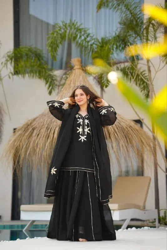 Designer Black Chiffon Short Kurta Palazzo Dupatta with Gota Patti Handwork