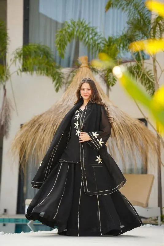 Designer Black Chiffon Short Kurta Palazzo Dupatta with Gota Patti Handwork