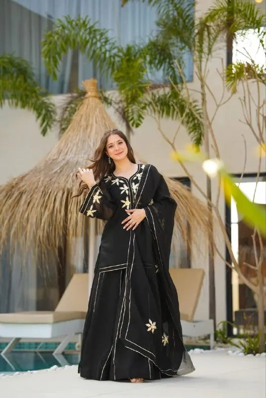 Designer Black Chiffon Short Kurta Palazzo Dupatta with Gota Patti Handwork