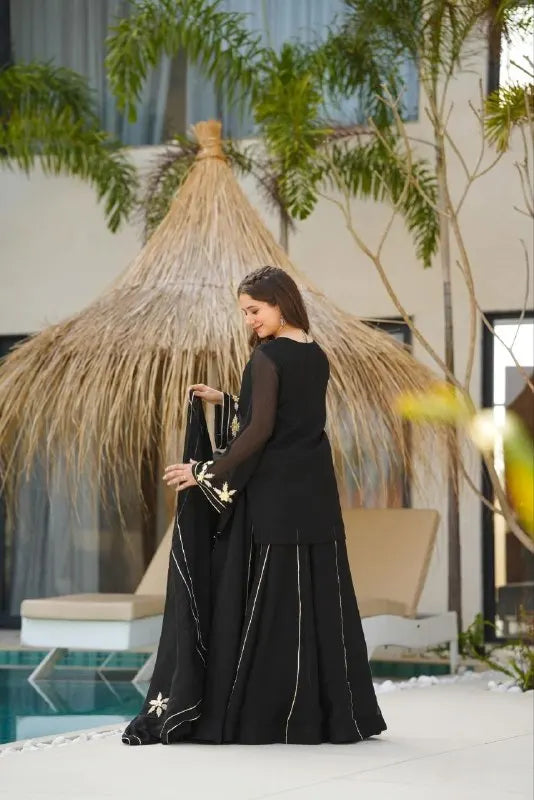 Designer Black Chiffon Short Kurta Palazzo Dupatta with Gota Patti Handwork
