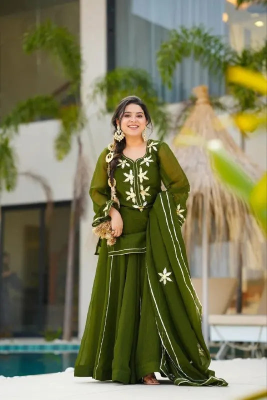 Premium Soft Chiffon Short Kurta Palazzo Dupatta with Beautiful Gota Patti Handwork