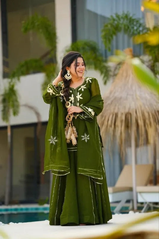 Premium Soft Chiffon Short Kurta Palazzo Dupatta with Beautiful Gota Patti Handwork