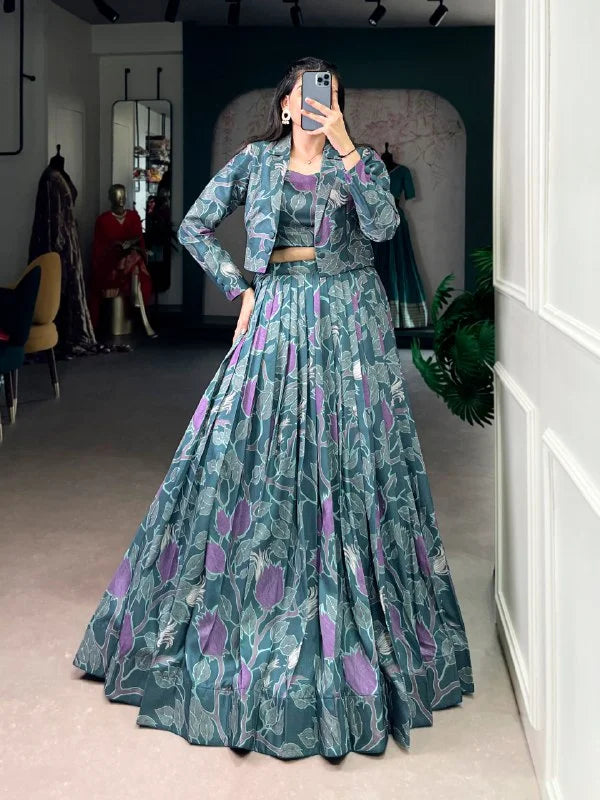 Elegant Tasar Silk Printed Lehenga Choli with Koti