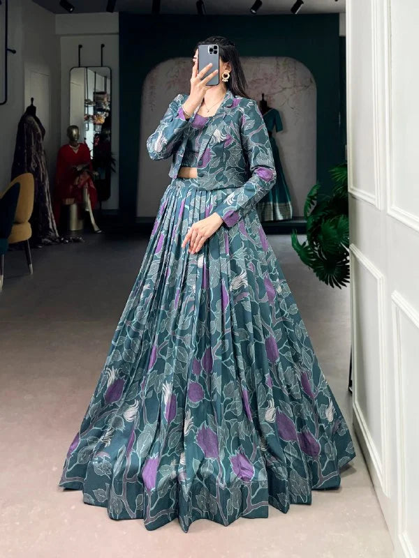 Elegant Tasar Silk Printed Lehenga Choli with Koti