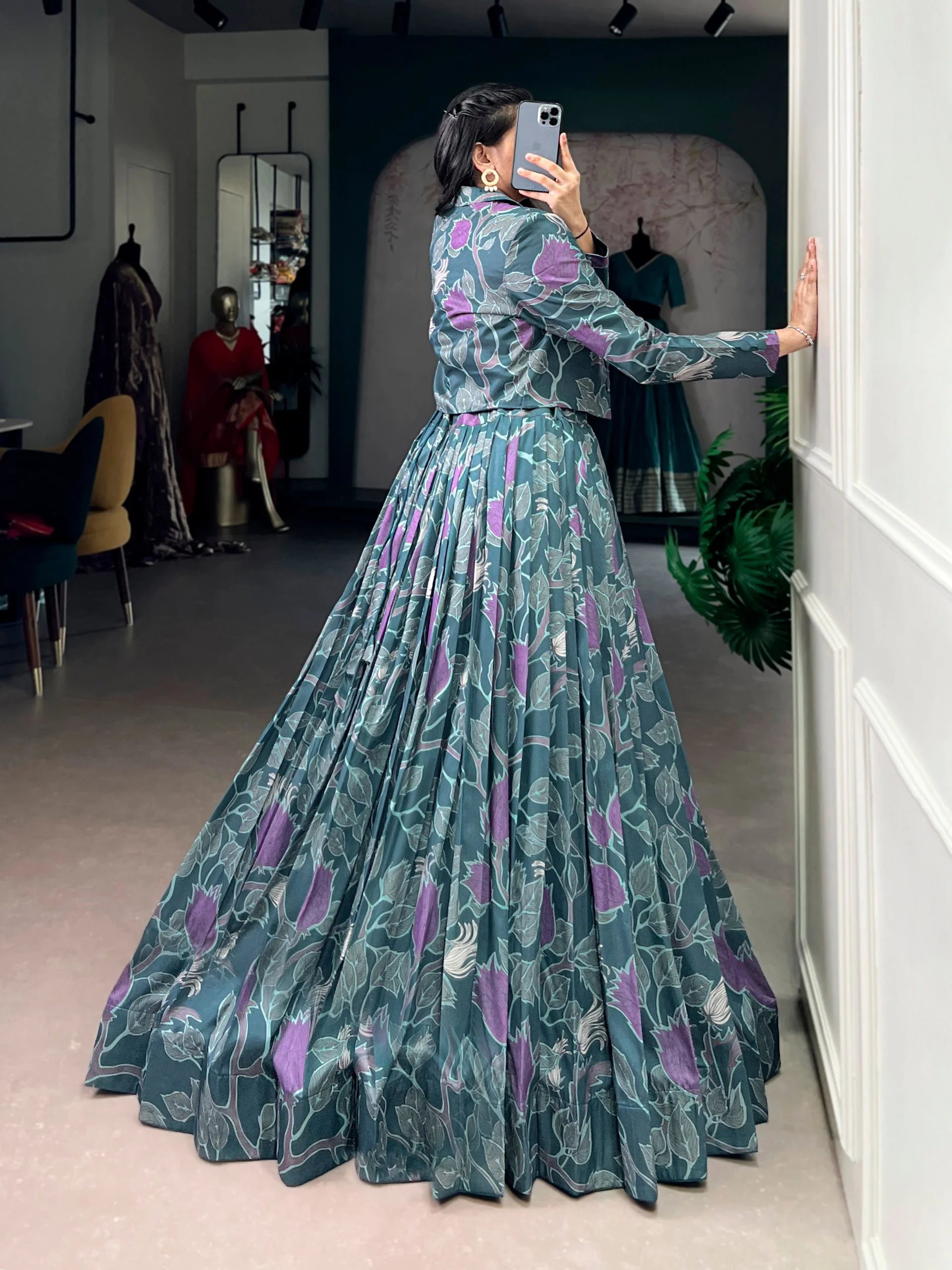 Elegant Tasar Silk Printed Lehenga Choli with Koti