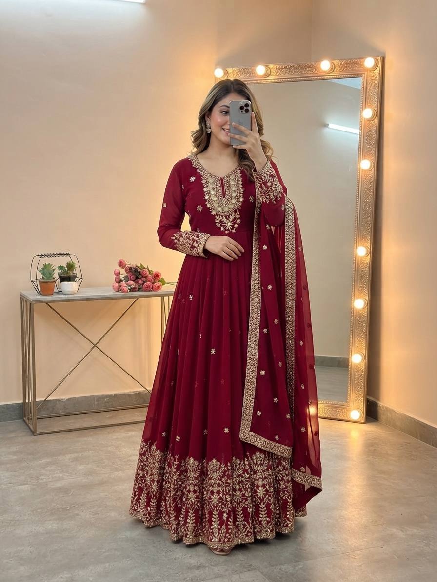 Long Flaired Anarkali Gown Pant With Dupatta - Festive & Wedding Wear