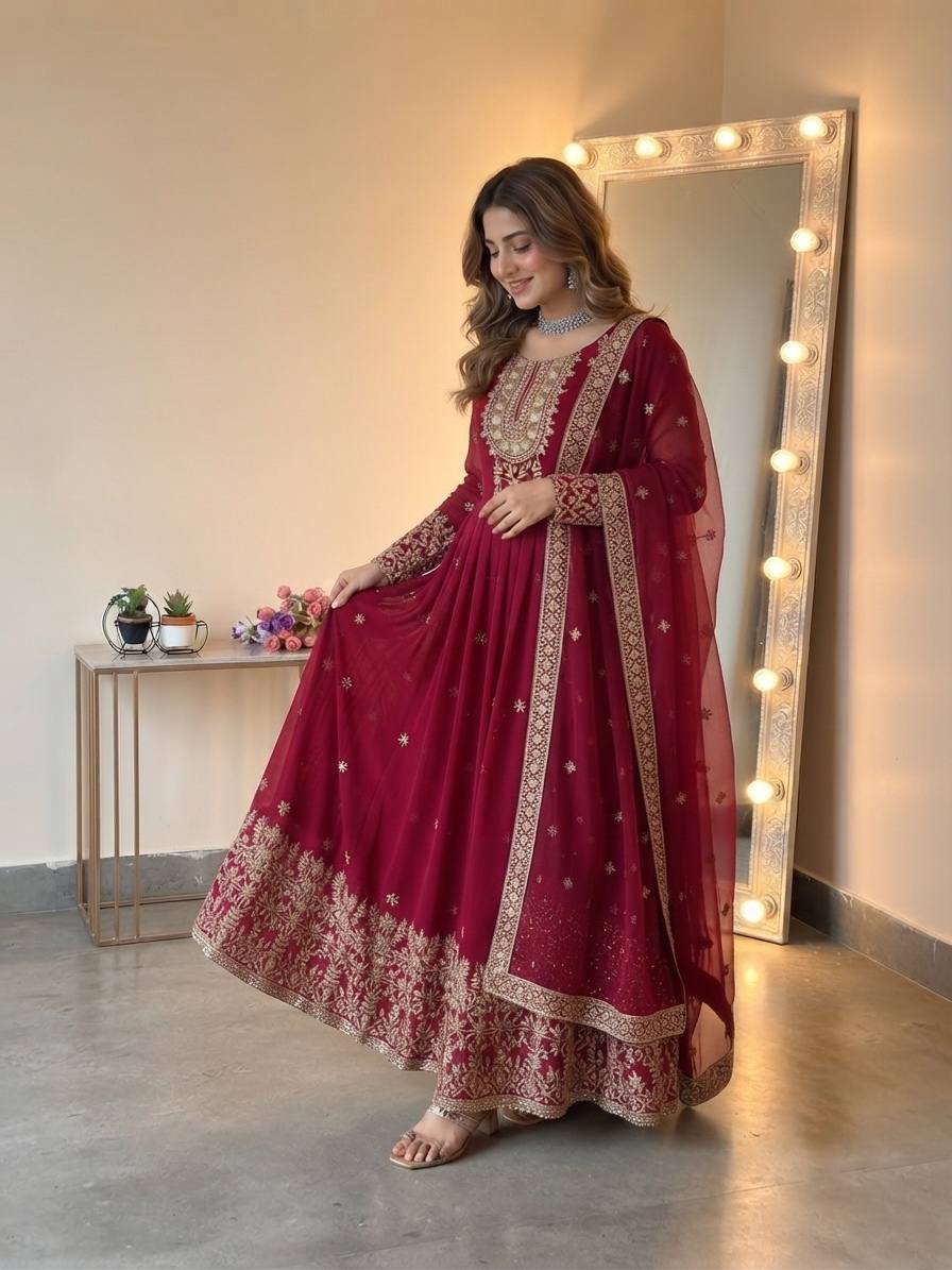 Long Flaired Anarkali Gown Pant With Dupatta - Festive & Wedding Wear