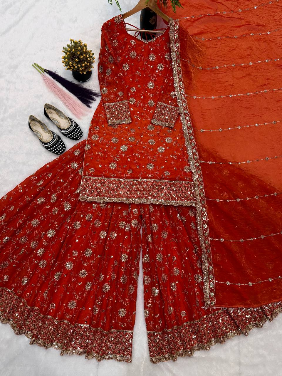 Rust Red Embroidered Silk Kurti Sharara with Dupatta