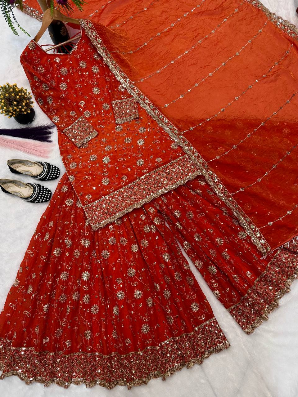 Rust Red Embroidered Silk Kurti Sharara with Dupatta