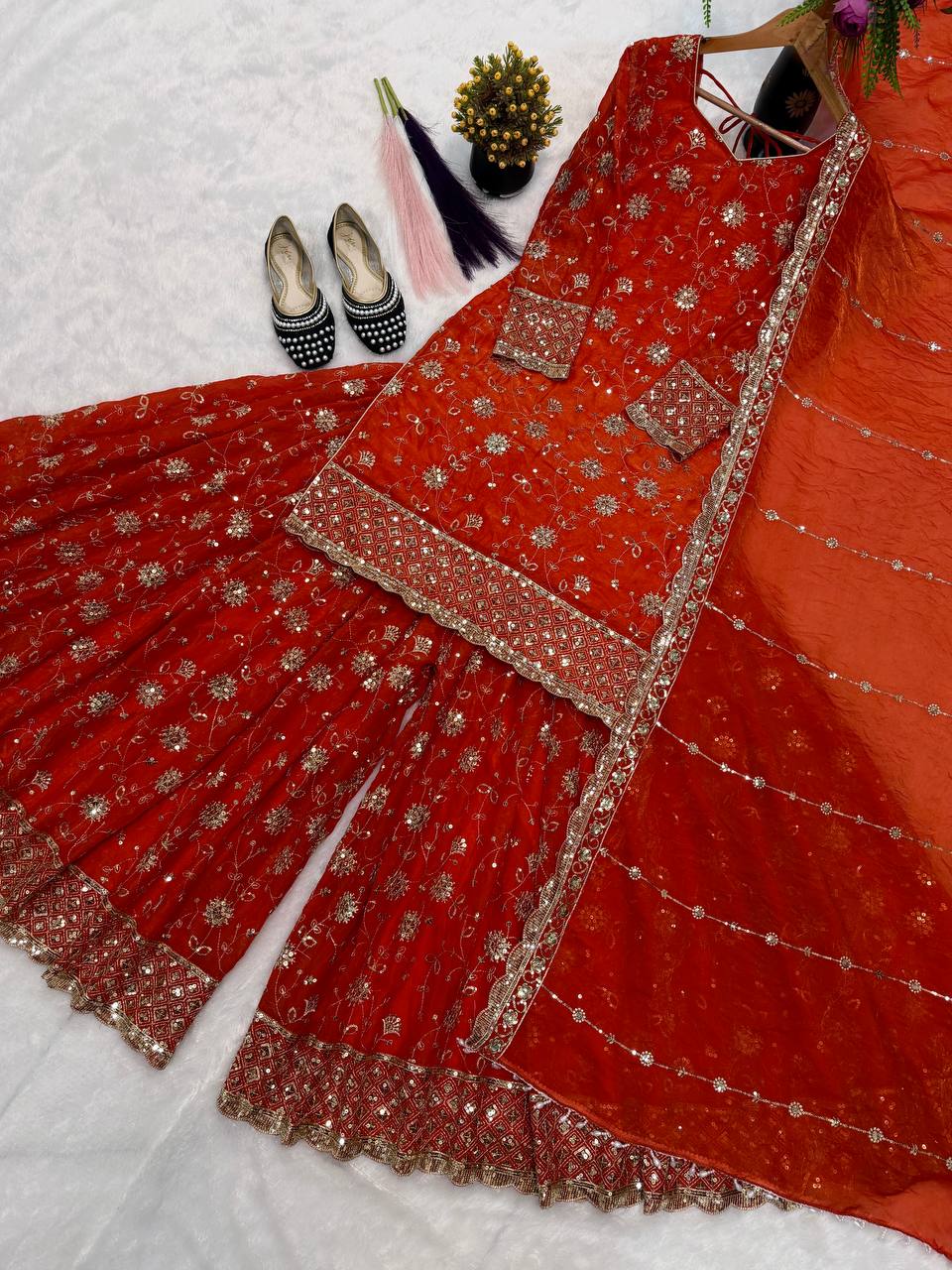 Rust Red Embroidered Silk Kurti Sharara with Dupatta