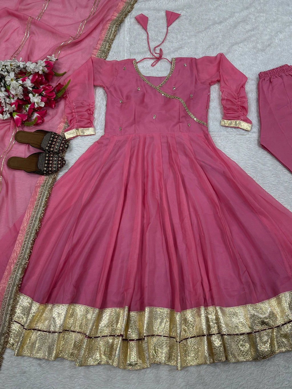 Heavy Tabby Organza Embroidered Anarkali Pant Set with Dupatta