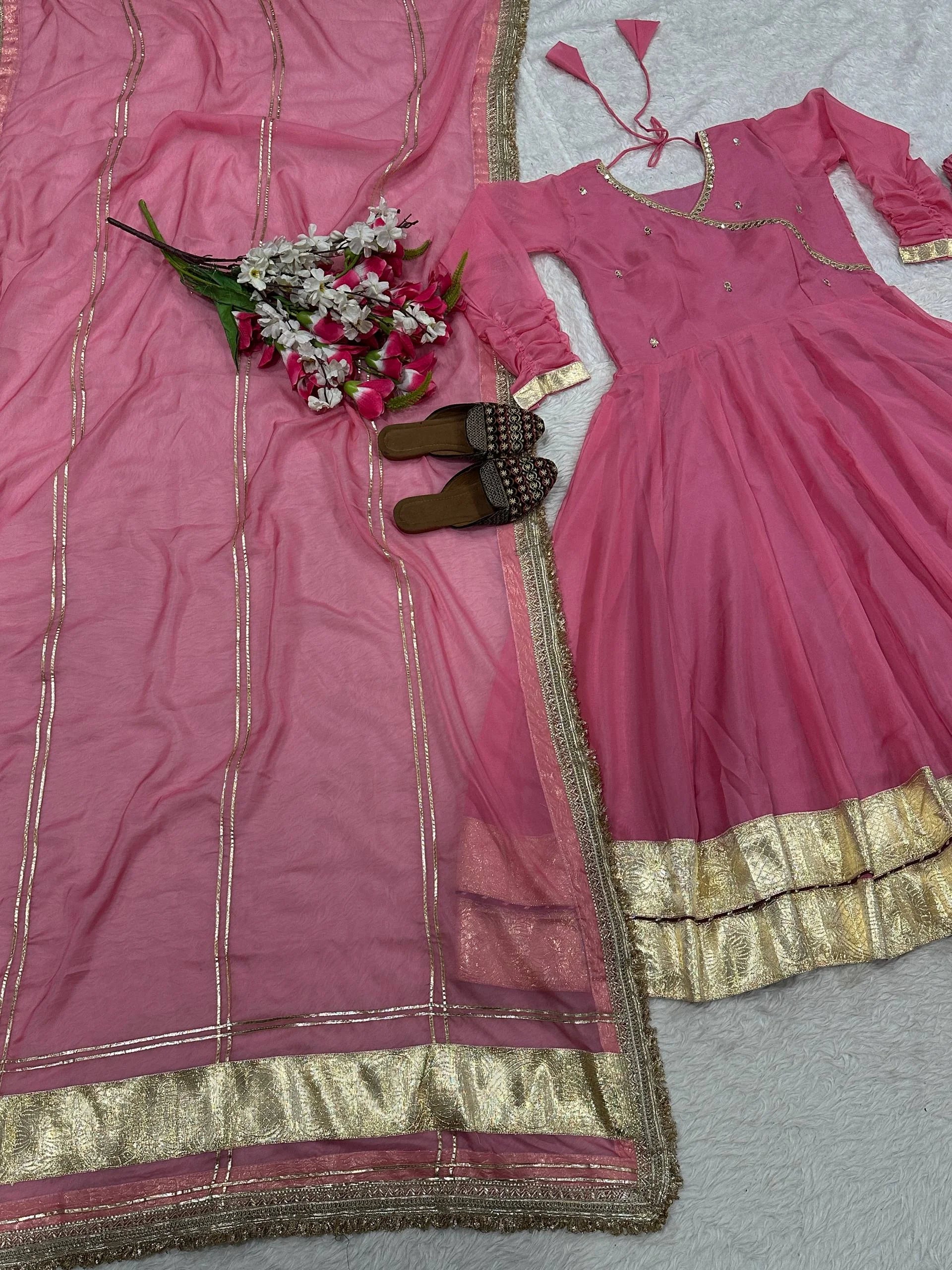 Heavy Tabby Organza Embroidered Anarkali Pant Set with Dupatta