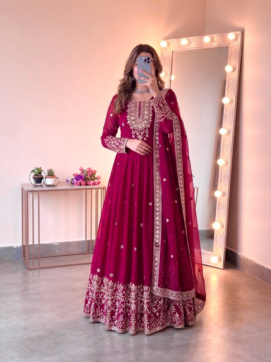 Long Flaired Anarkali Gown Pant With Dupatta - Festive & Wedding Wear