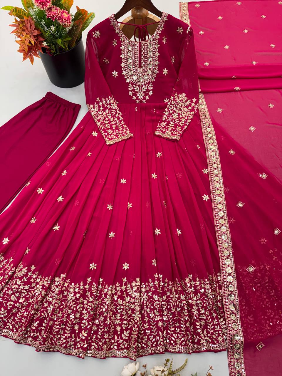 Long Flaired Anarkali Gown Pant With Dupatta - Festive & Wedding Wear