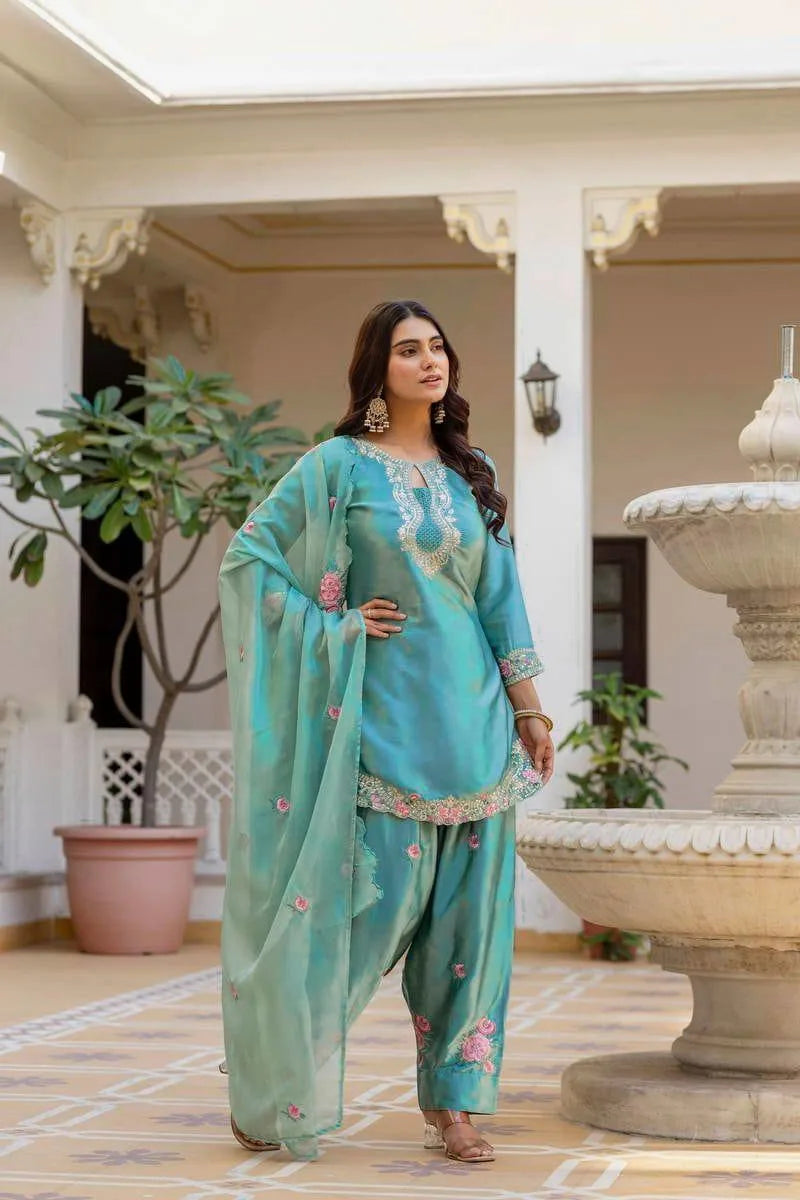 Luxury Japan Satin Kurti Farshi Suit With Organza Silk Dupatta