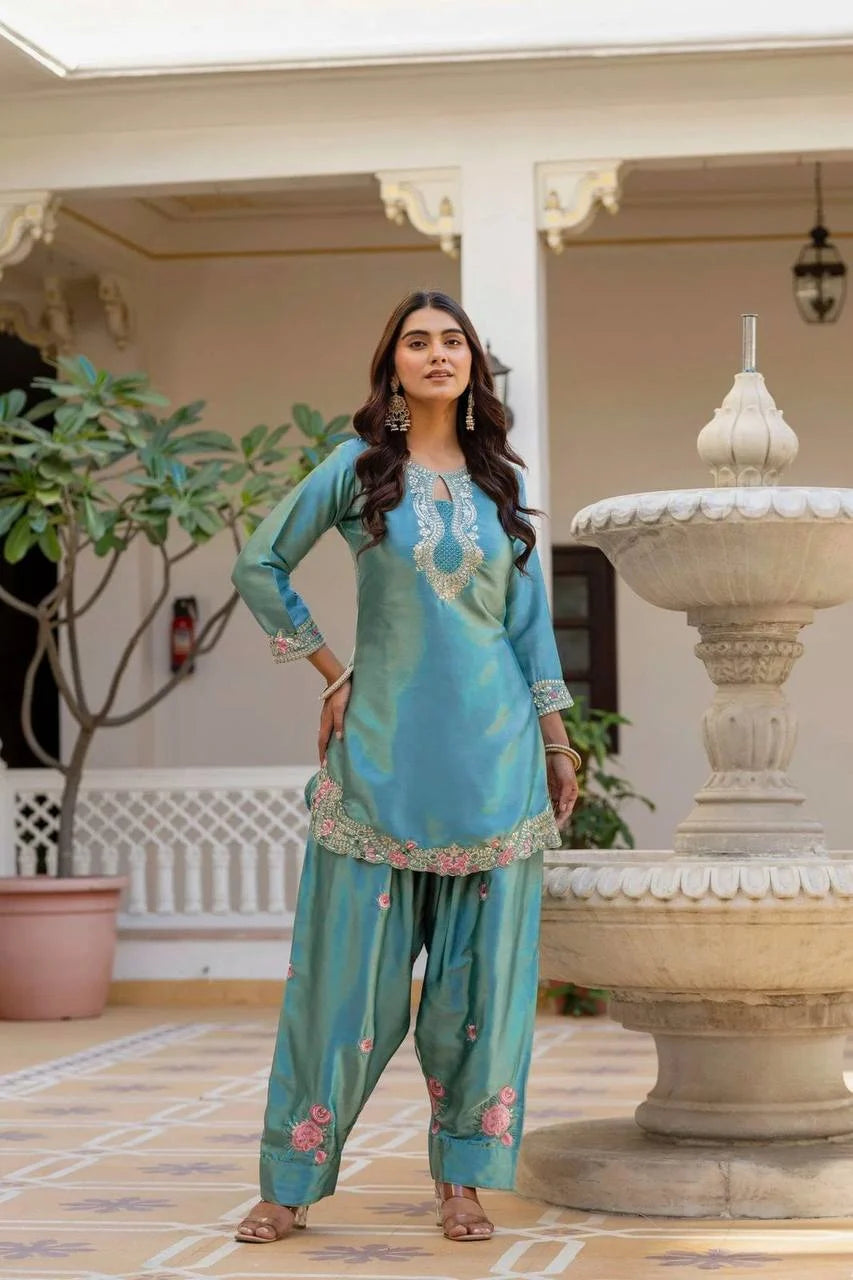 Luxury Japan Satin Kurti Farshi Suit With Organza Silk Dupatta
