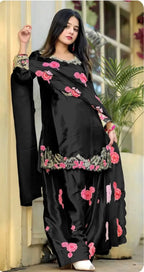 Fashionable Black Eid Wear Satin Farshi Suit With Designer Dupatta
