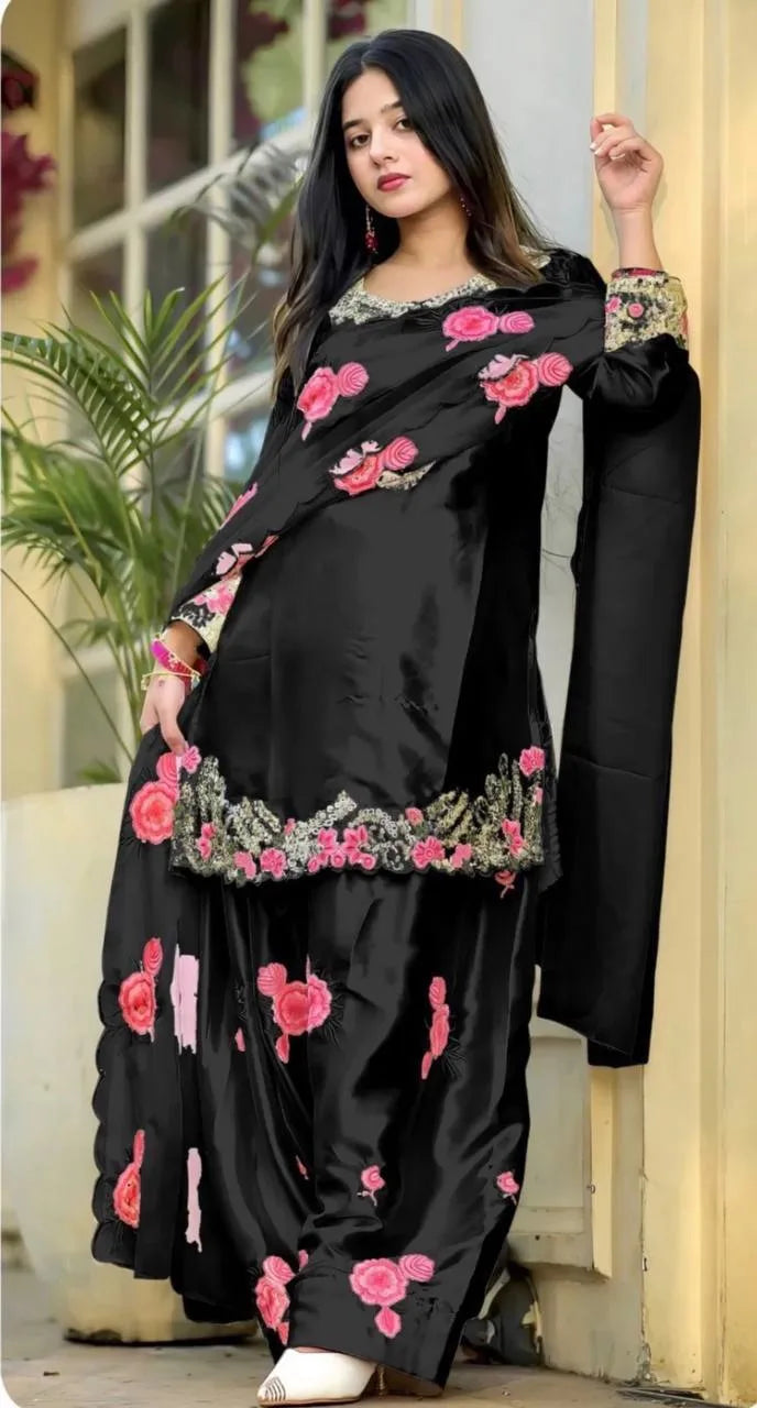 Fashionable Black Eid Wear Satin Farshi Suit With Designer Dupatta