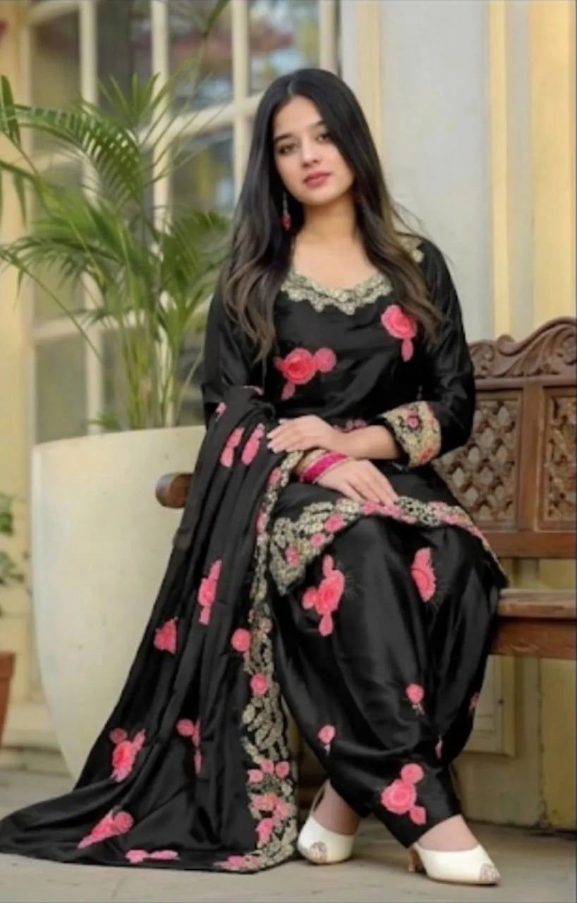 Fashionable Black Eid Wear Satin Farshi Suit With Designer Dupatta