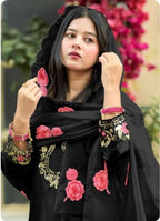 Fashionable Black Eid Wear Satin Farshi Suit With Designer Dupatta