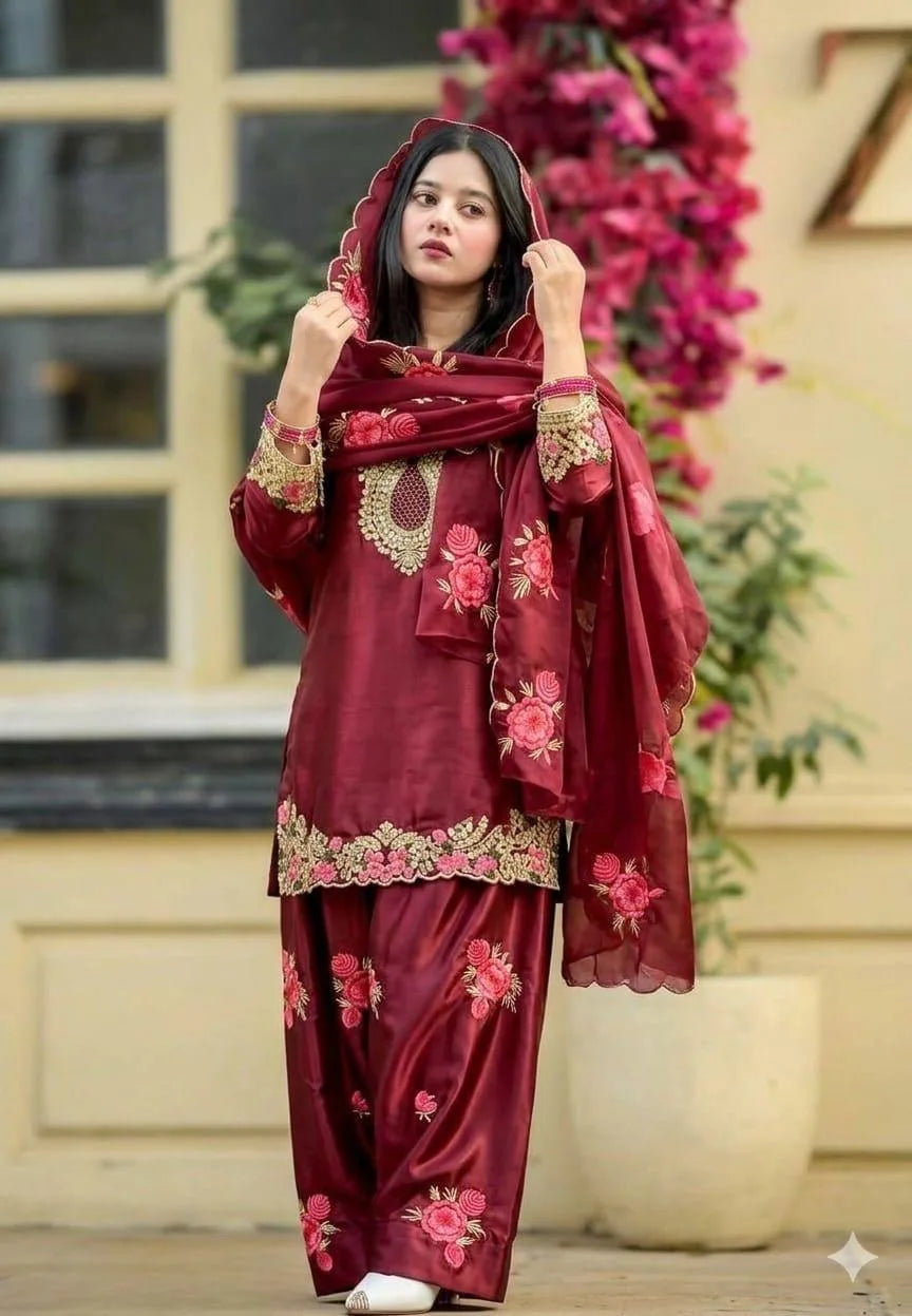 Trendy Eid Collection Maroon Satin Kurti Farshi Salwar Dupatta Set