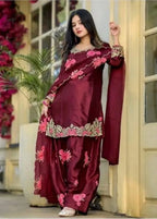 Trendy Eid Collection Maroon Satin Kurti Farshi Salwar Dupatta Set