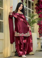 Trendy Eid Collection Maroon Satin Kurti Farshi Salwar Dupatta Set