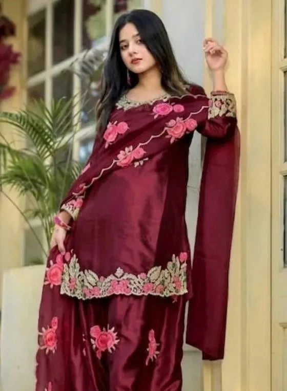 Trendy Eid Collection Maroon Satin Kurti Farshi Salwar Dupatta Set