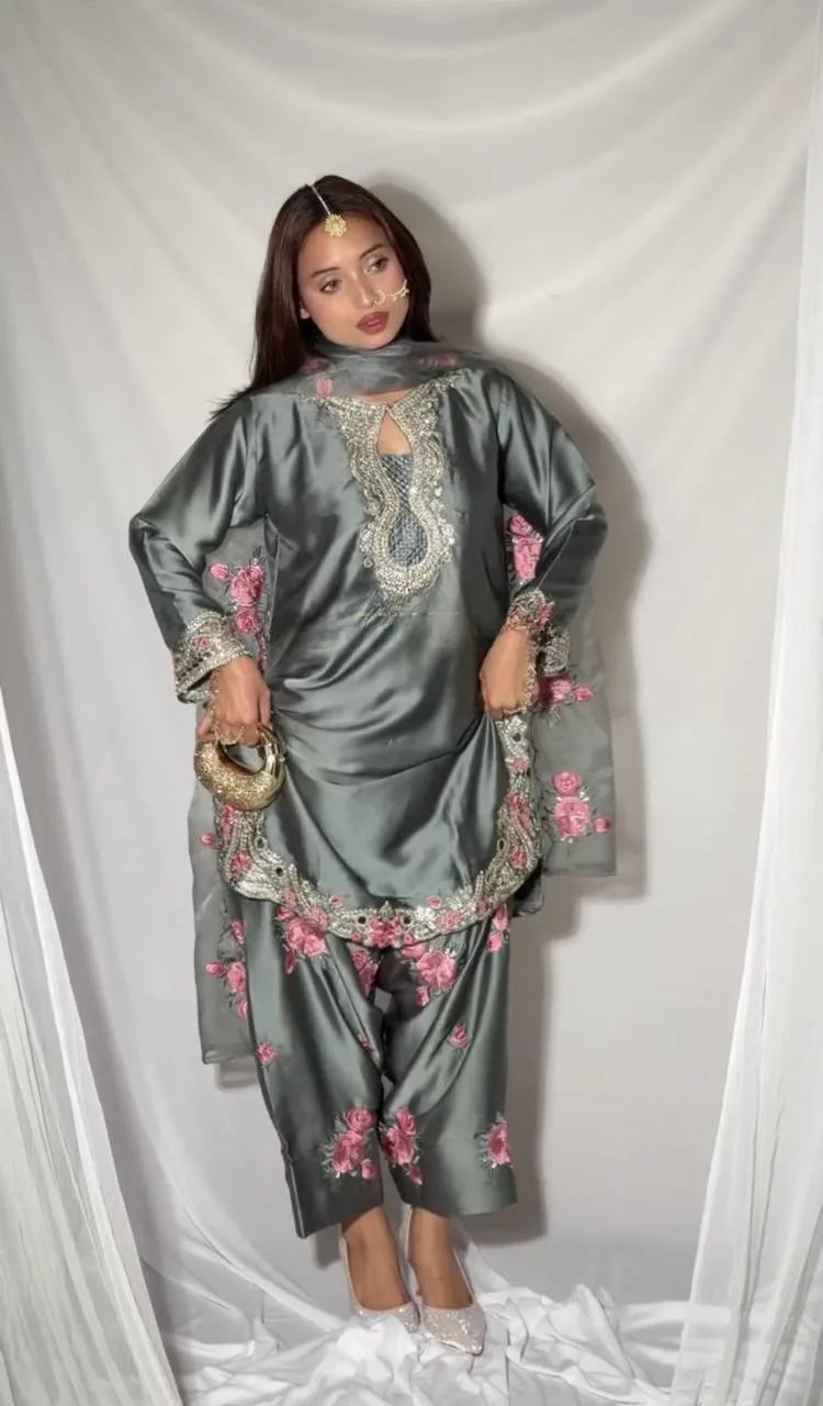 New Arrival Grey Floral Embroidery Kurti With Farshi Salwar Suit Eid Collection