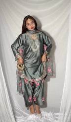 New Arrival Grey Floral Embroidery Kurti With Farshi Salwar Suit Eid Collection