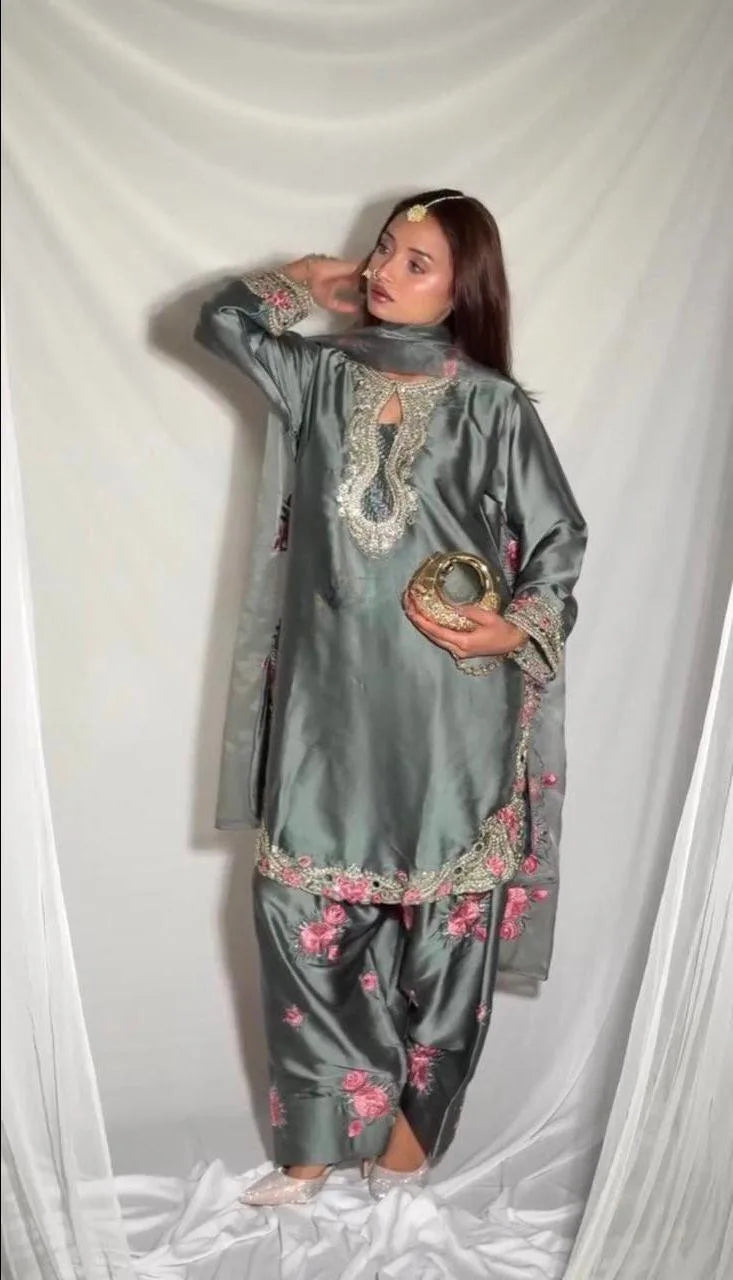 New Arrival Grey Floral Embroidery Kurti With Farshi Salwar Suit Eid Collection