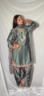 New Arrival Grey Floral Embroidery Kurti With Farshi Salwar Suit Eid Collection