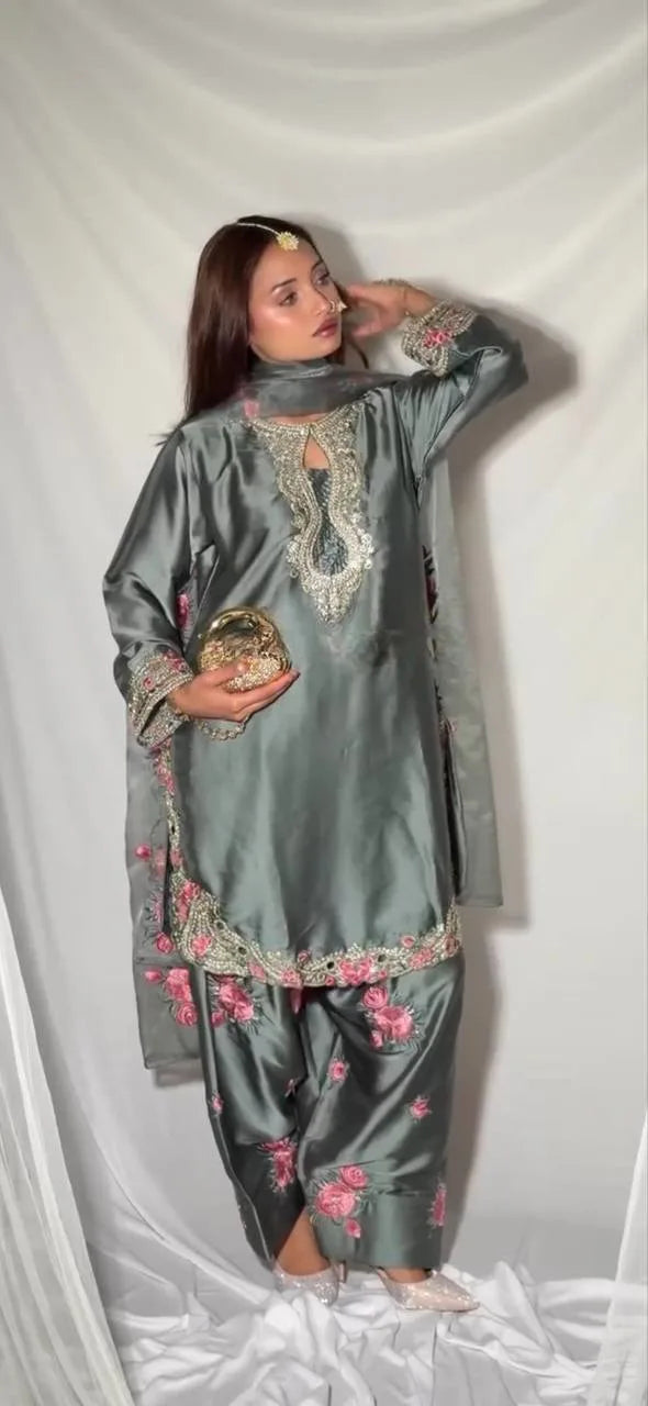 New Arrival Grey Floral Embroidery Kurti With Farshi Salwar Suit Eid Collection